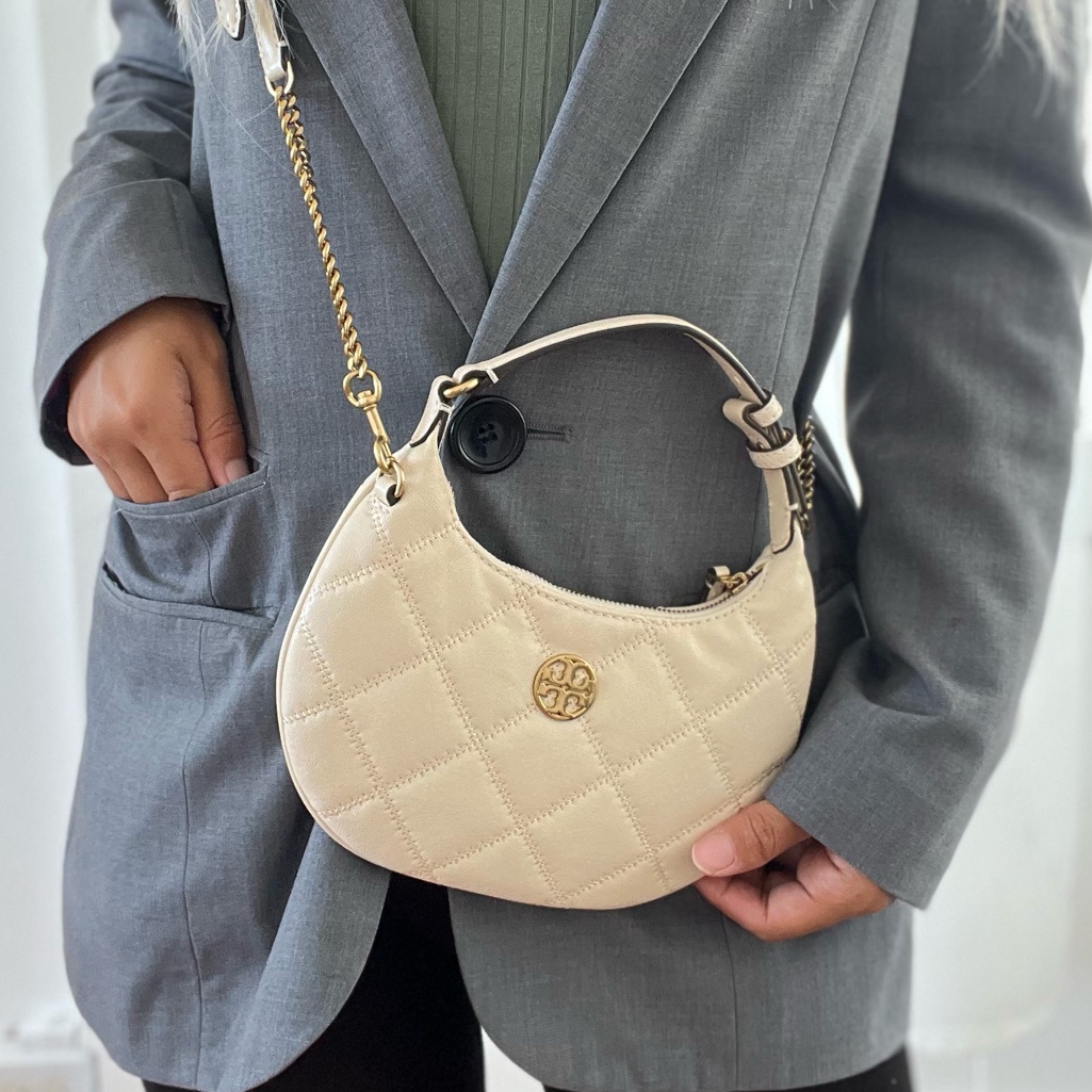 Quilted Crescent Crossbody Bag In Cream With Gold Hardware